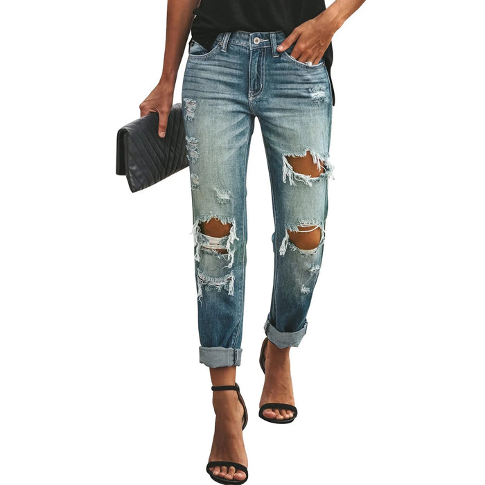 Jeans Fashionable Women Mid-Rise Vintage Trousers Ripped Style Warehouse Jeans Local Promotion Slim Casual Jeans Classic Style