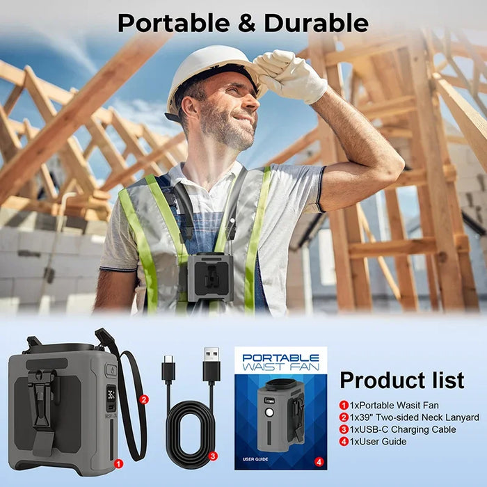 2026 New Wearable Waist Fan With 5-Speed Adjustment, 10000mAh Battery 40H Runtime Ideal for Outdoor Work Field Operations Travel