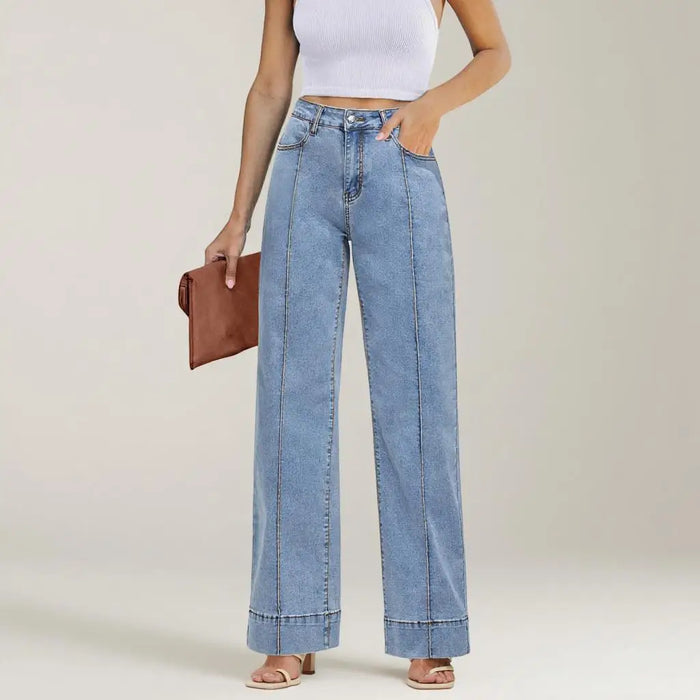 Women Popular High Waist Jeans Casual Simple Wide Leg Straight Denim Pants With Button Lady Daily Elegant Superior Trousers