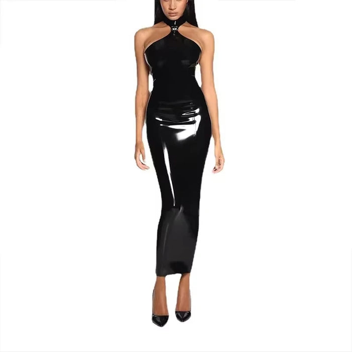 Ladies' oversized shiny faux leather dress, elegant sleeveless backless party dress