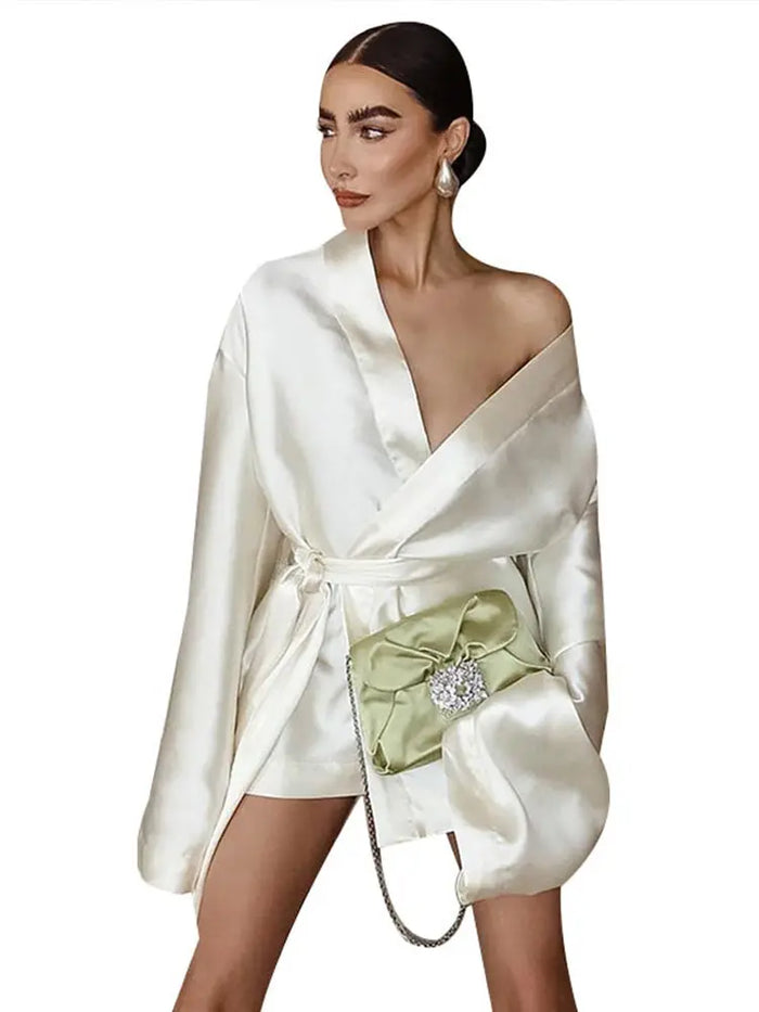 Elegant Lace Up Women Short Dresses Sexy Loose Beige Satin Long Sleeve Female Robe Vintage V-neck Ladies Outwear Party Evening