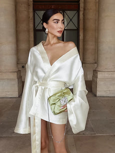 Elegant Lace Up Women Short Dresses Sexy Loose Beige Satin Long Sleeve Female Robe Vintage V-neck Ladies Outwear Party Evening