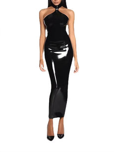 Ladies' oversized shiny faux leather dress, elegant sleeveless backless party dress