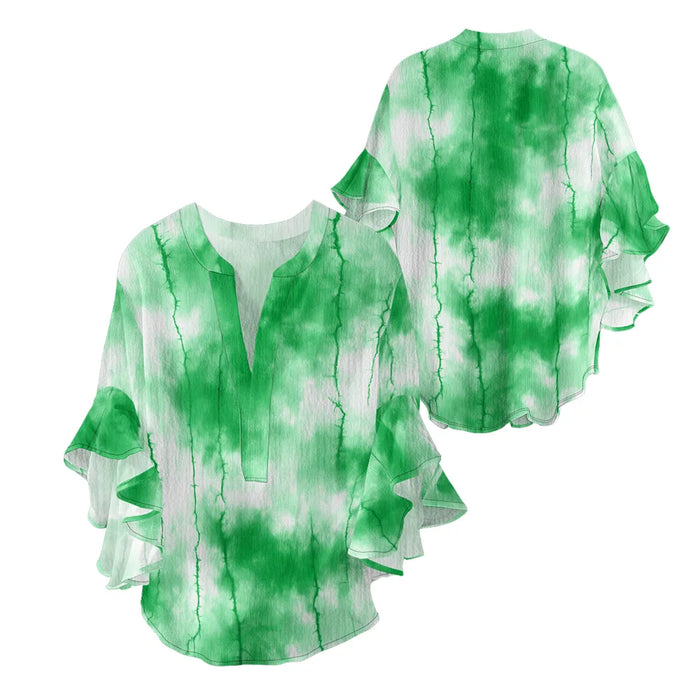 Women's Bohemian Style Blouse Light Blue White Gradient Color Print V-Neck Ruffled Bell Sleeve Chiffon Shirt for Summer Fashion