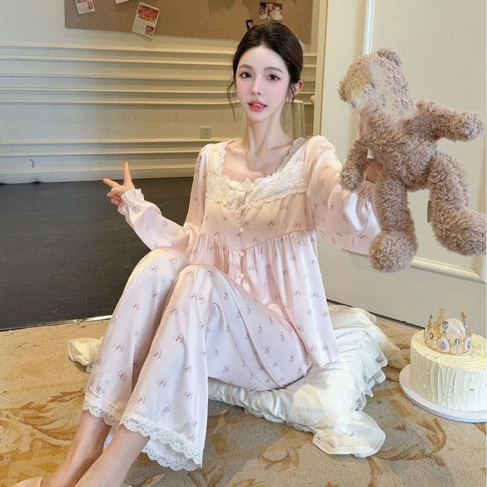 Women Elegant Lace Square Collar 2PCS Pajamas Suit Loungewear Vintage Princess Style Homewear Top Pants Rayon Nightwear