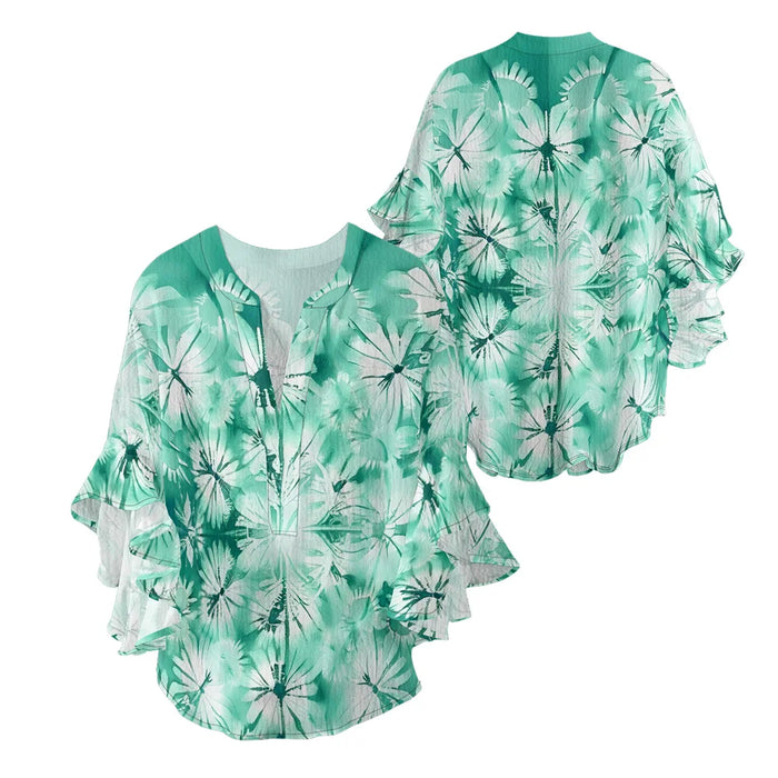 Women's Bohemian Style Blouse Light Blue White Gradient Color Print V-Neck Ruffled Bell Sleeve Chiffon Shirt for Summer Fashion