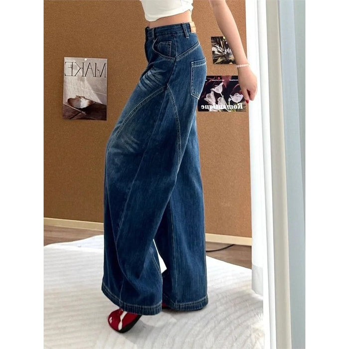 Women High Waisted Wide Leg Jeans Korean Retro Y2K Blue Casual Loose Floor Bending Knife Pants High Street Fashion New Trousers