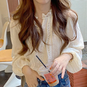 Elegant Lace Women Fashion Blouse New Spring Autumn Long Sleeve Casual Office Loose Shirt Ladies Stand Collar Simple Top Clothes