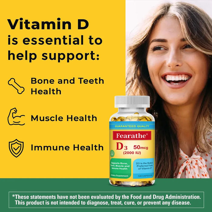 Vitamin D3 2000 IU (50 mcg) Capsules, Extra Strength Vitamin D Supplement for Bone and Immune Health Support,Dietary Supplement