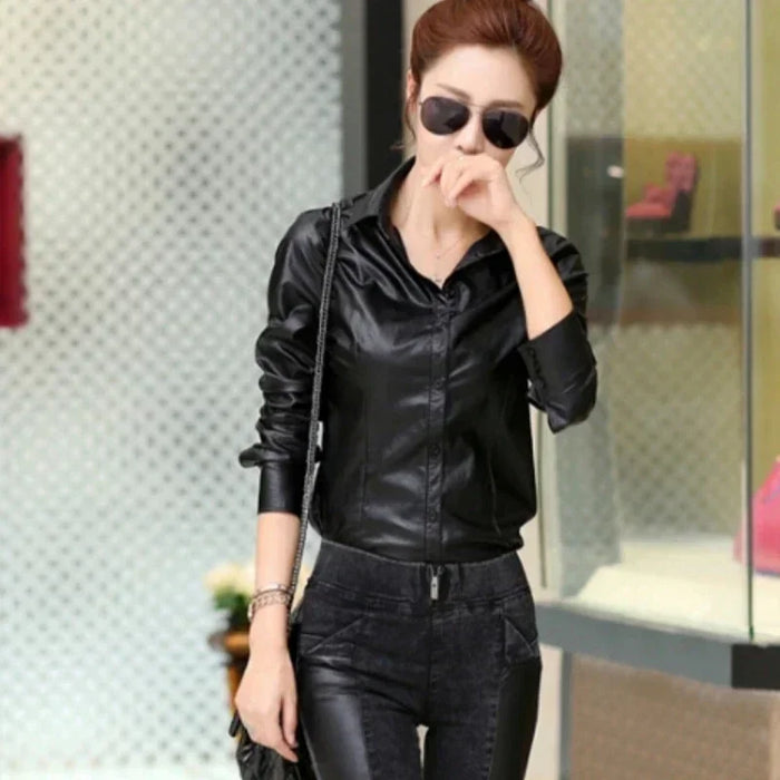 Women Blouses Spring New Shirt Temperament Slim Thin Long-sleeved  tops Women Shirts PU Leather Shirt Big Size Women Tops M2365
