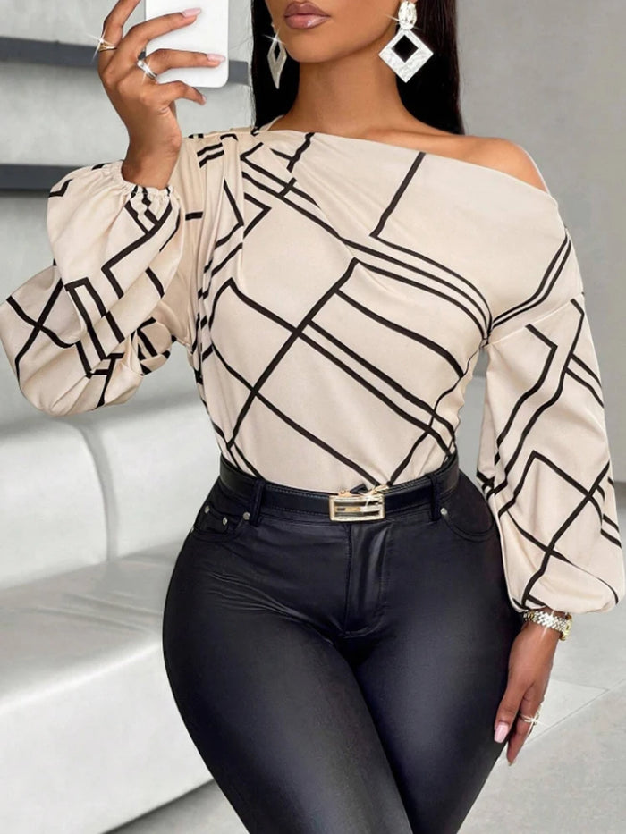Ladies' Spring/Summer Daily Commuting Elegant Casual Shirt with Striped Print, Pleated and Asymmetric Neckline