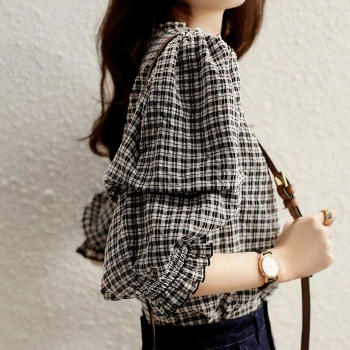 Blouse Woman New Collection 2025 Top Luxury Chiffon Women's Plaid Blouse Half Sleeve Pretty and Cheap Women's Blouses Vintage