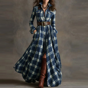 Ladies' High-end Fashion French Vintage Check Waist-cinching Slimming Asymmetrical Long-sleeved Dress Chic Streetwear Clothes