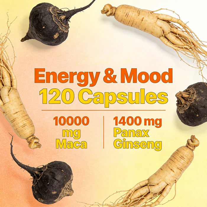 Maca Root Capsules with Ginseng - Promote Energy, Mood, Stamina & Performance Supports Mental Health for Men and Women