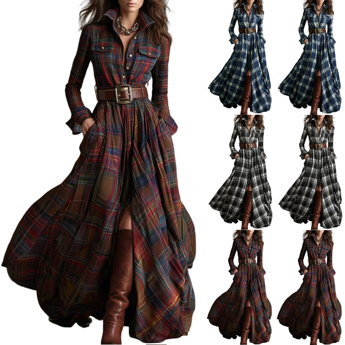 Ladies' High-end Fashion French Vintage Check Waist-cinching Slimming Asymmetrical Long-sleeved Dress Chic Streetwear Clothes