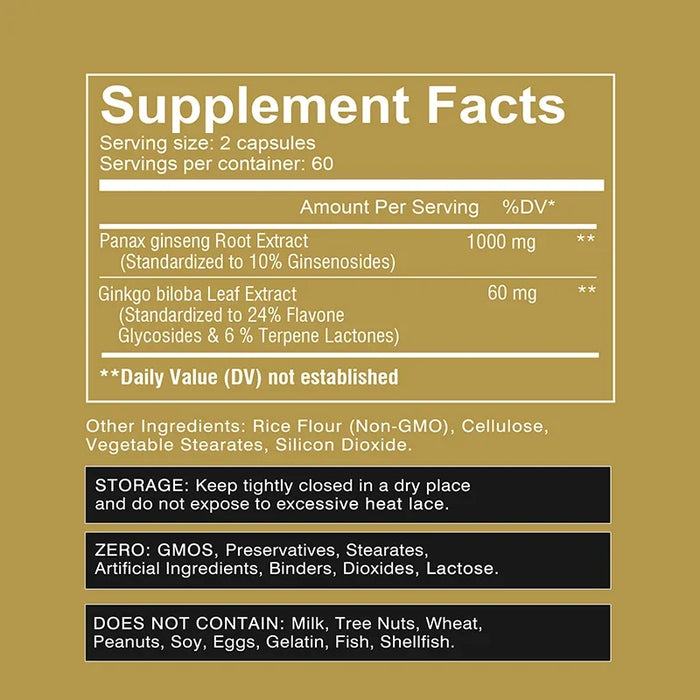 Panax Ginseng + Ginkgo Biloba - Increases Energy, Mood, Stamina & Performance Supports Mental Health