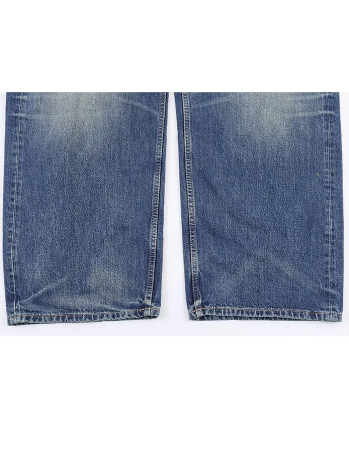 HH Women's 2025 New Fashion Retro Versatile Mid-Waist Turn-Down Jeans Female High Street Casual Ripped Decorative Wide Leg Pants