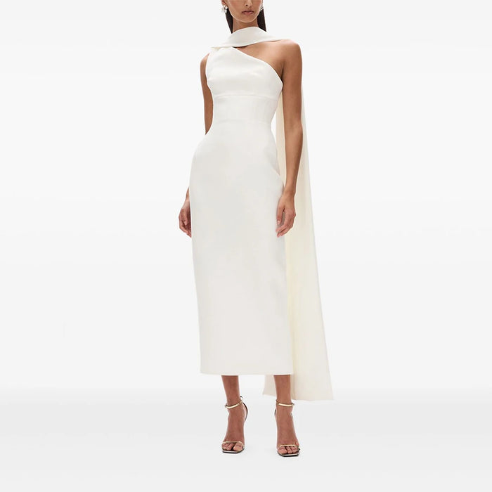 Women's Evening Dresses One Shoulder Tea Length Column Evening Gowns Midi Sleeveless Back Split Elegant Wedding Guest Dress 2025