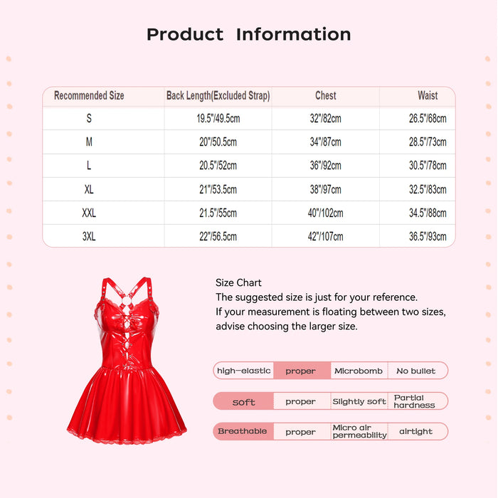 Womens Leather Dress Front Lace-up X-back Adjustable Shoulder Straps Floral Lace Trim A-line Dress for Night Out Raves Party