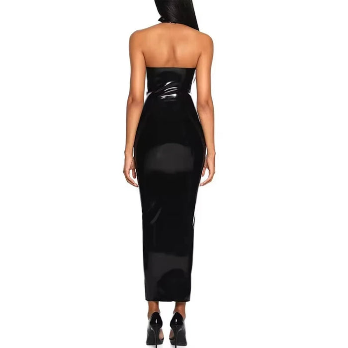 Ladies' oversized shiny faux leather dress, elegant sleeveless backless party dress