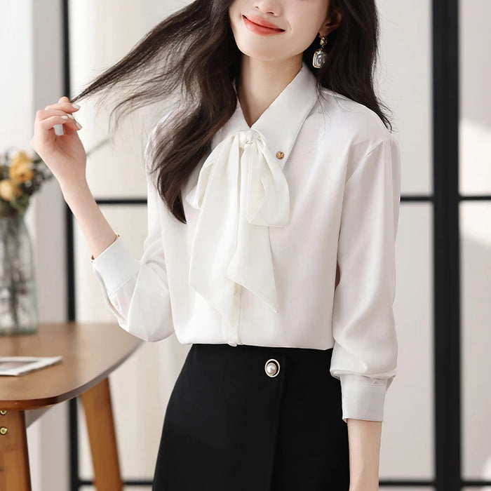 White Shirts for Women free shiping Long Sleeve Turn-Down Collar Bow Tie Buttons Blouse Female 2025 New