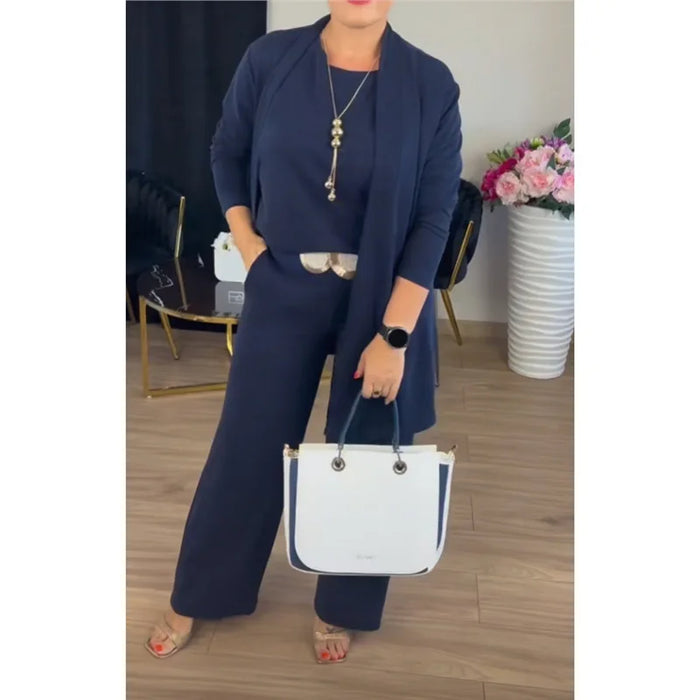 Elegant Ladies Clothing 3 Pieces Set Autumn White Long Cardigan Coat And Wide Leg Pants Sets T-shirt  Three-piece Outfit Women