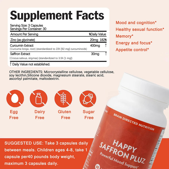 Happy Saffron Supplements Saffron Extract for Mood & Memory, Eye Health - Joint Supplement for Women & Men - 90 Vegan Capsules