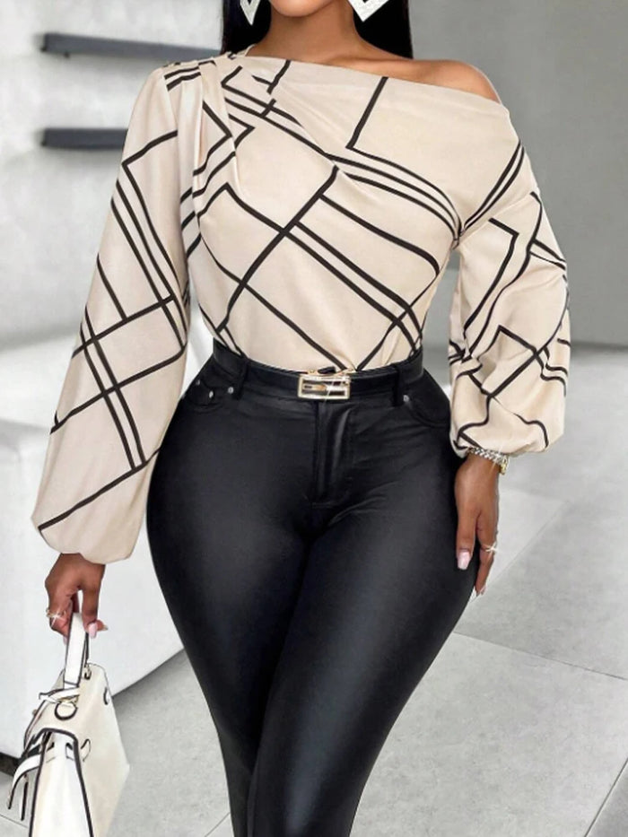 Ladies' Spring/Summer Daily Commuting Elegant Casual Shirt with Striped Print, Pleated and Asymmetric Neckline