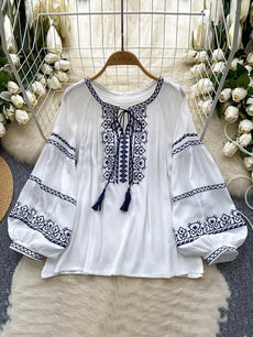 Women's Bohemia Blouse Embroidered Autumn Spring O-neck Collar Bow Tie Lantern Sleeve Top Blusas Mujer Female Tops BL020