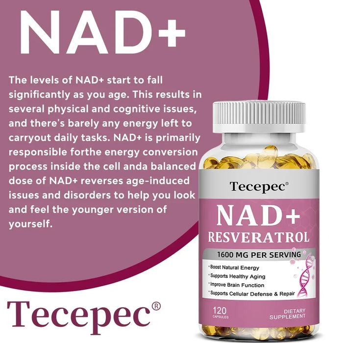 NAD+ Supplement,Anti-Aging,Boosts Energy and Focus,Supports Brain and Skin Health,Nicotinamide Adenine Dinucleotide Resveratrol