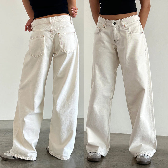 Women's versatile jeans, aesthetic solid color low rise zipper button trousers with pockets for everyday street wear