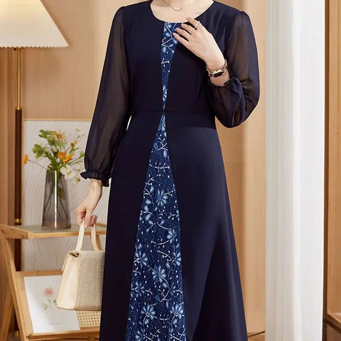 Women's Clothing Lace Patchwork Dresses Elegant A-Line Waist Spring Autumn Long Sleeve Commute Solid Color Round Neck Midi Dress