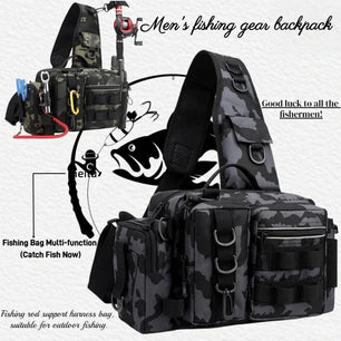 Fishing Backpack with Bait Box and Gear Storage Men's Outdoor Fishing Bag with Rod Support Sling Durable Waterproof Adjustable
