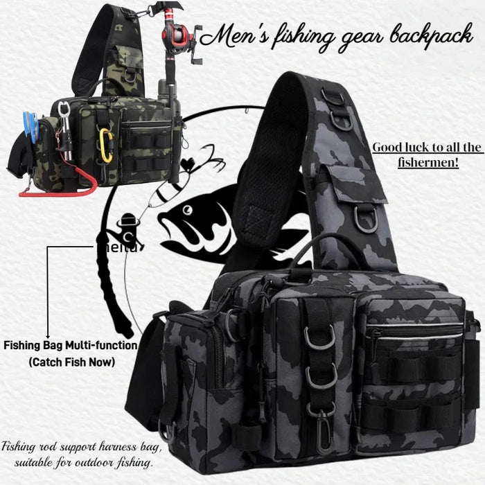 Fishing Backpack with Bait Box and Gear Storage Men's Outdoor Fishing Bag with Rod Support Sling Durable Waterproof Adjustable