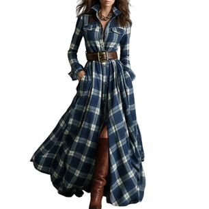 Ladies' High-end Fashion French Vintage Check Waist-cinching Slimming Asymmetrical Long-sleeved Dress Chic Streetwear Clothes