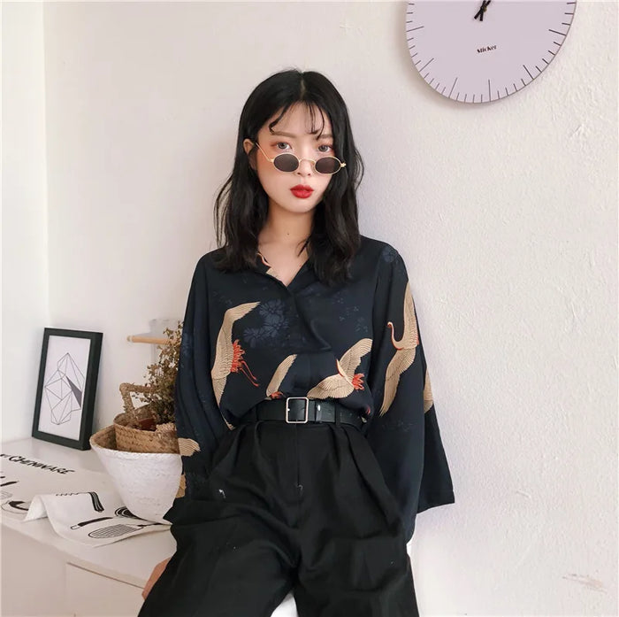 Women's Blouses Clothes Japan Kawaii Ladies Retro Summer Style Vintage Crane Blouse Female Punk Harajuku Cute Tunic For Women