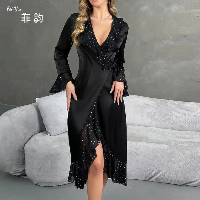 Ladies New Fashion V-neck Long-sleeved Sequined Pajamas Female Satin Nightgown Home Clothes Pijamas Women