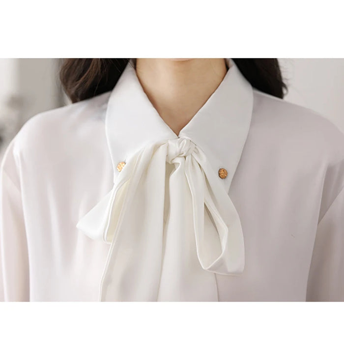 White Shirts for Women free shiping Long Sleeve Turn-Down Collar Bow Tie Buttons Blouse Female 2025 New