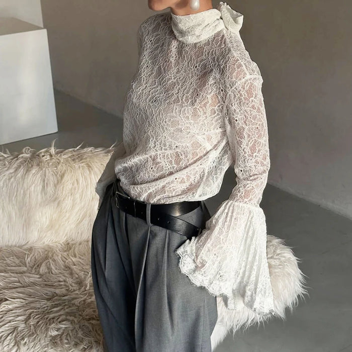 Linad Elegant White Embroidery Blouse Women Autumn Street Chic Sheer Stand Collar Shirt Female 2025 Sexy Flare Sleeve Ladies Top