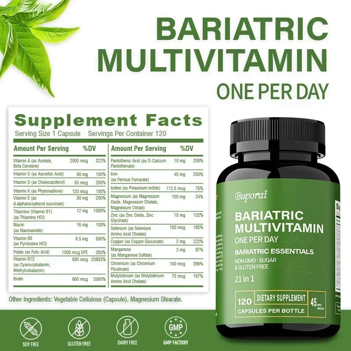Bariatric Multivitamin Supplement - Maintaining Energy Levels, Promote Bone and Overall Health - Contains 21 Vitamins & Minerals