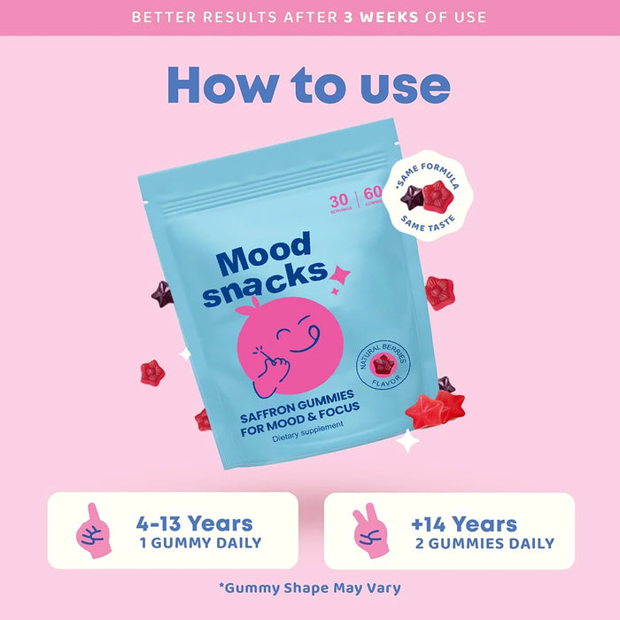 Mood Snacks - Kids Saffron Gummies, Natural Berries Supplements Offer Mood Support and Calms Temper Tantrums, Sugar Free Gummies