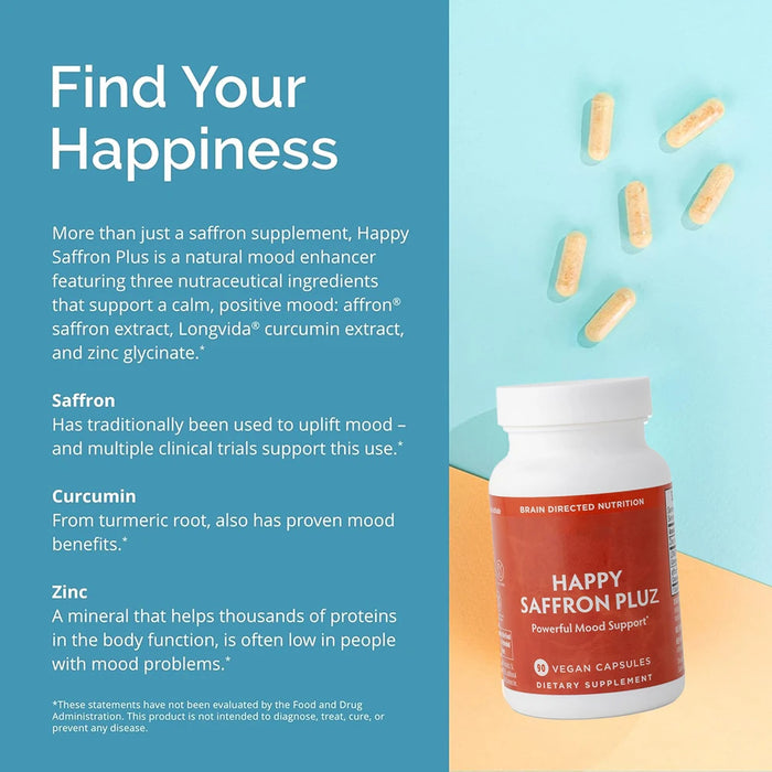 Happy Saffron Supplements Saffron Extract for Mood & Memory, Eye Health - Joint Supplement for Women & Men - 90 Vegan Capsules