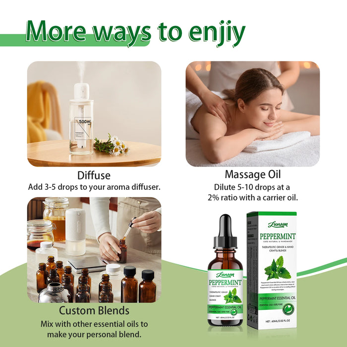 60ml Peppermint Essential Oil Natural Cooling Aromatherapy Oil for Diffuser, Massage & DIY Blends Handmade Fresh Mint Scent