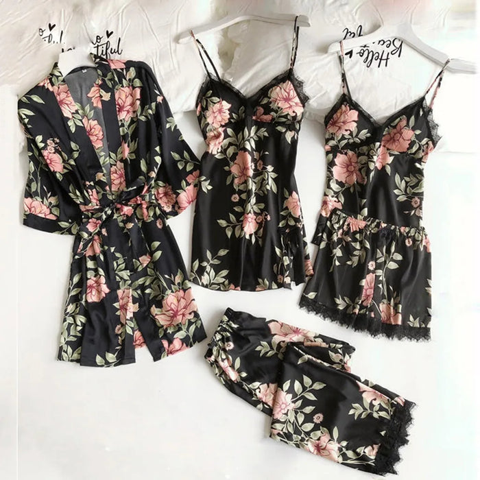 Ladies' sexy pajamas fashionable bathrobes home clothes five piece set suspender nightgown comfortable lace sleepwear underwear