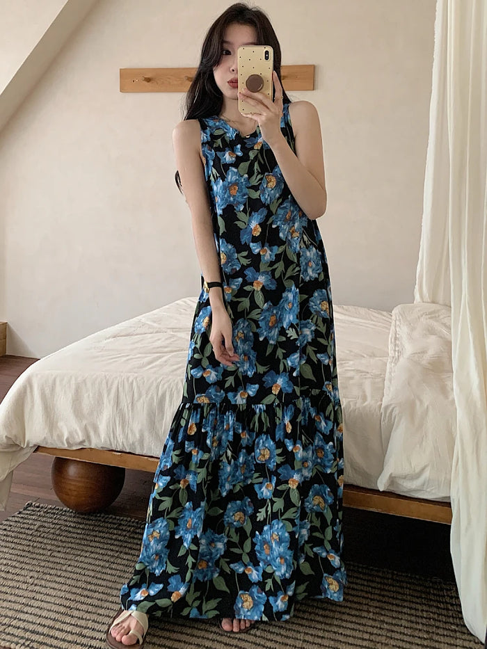 Ladies Summer Spwear Cotton Silk Thin Svel Casual Long Dr round Ne Single Button Print Home Comfortable Faion...
