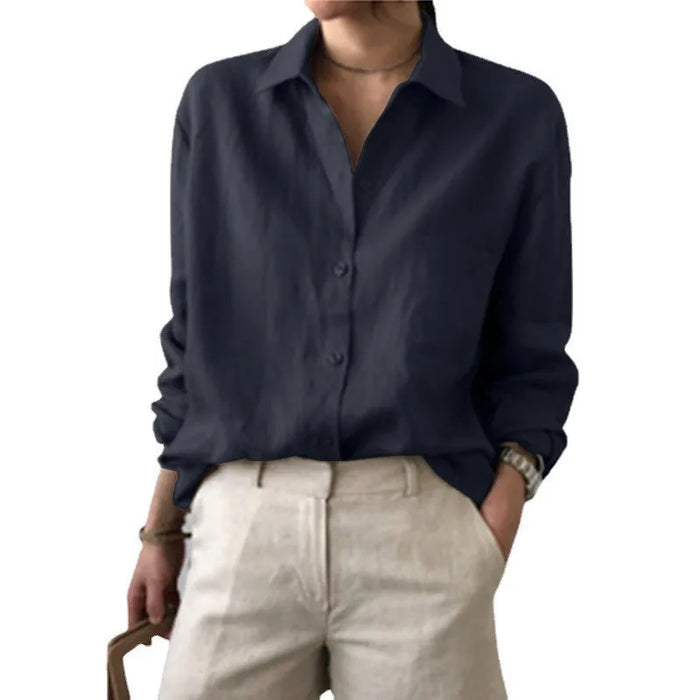 Women Blouses Turn Down Collar Vintage Button Shirts Cardigan Solid Long Sleeve Shirt Outerwear Office Lady Elegant Regular