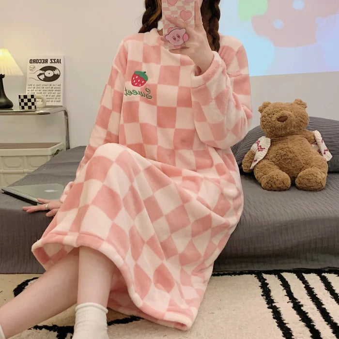 Ladies Nightwear Nightdress Autumn and Winter Coral Velvet Long Sleeve Plaid Dress Striped Student Flannel Dress Large Size