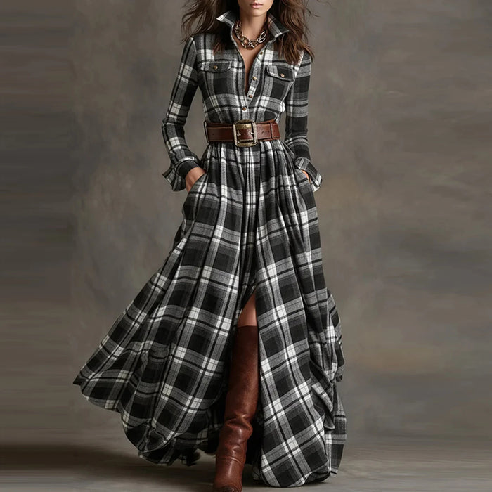 Ladies' High-end Fashion French Vintage Check Waist-cinching Slimming Asymmetrical Long-sleeved Dress Chic Streetwear Clothes