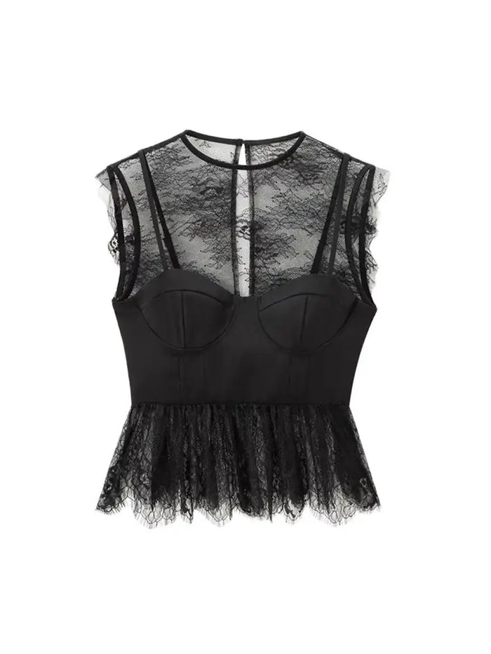 Women's Blouses with Lace, O Neck, Sleeveless, Side Zipper, Female Shirts, Sexy Fashion, Chic Tops