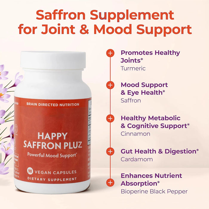 Happy Saffron Supplements Saffron Extract for Mood & Memory, Eye Health - Joint Supplement for Women & Men - 90 Vegan Capsules